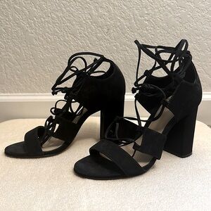 Open Toe Lace Black Pump Lace String Suede Vince Camuto Heels
